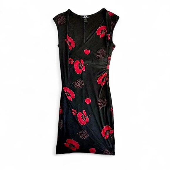 FLP Faith Love & Passion Black Red Floral Ruched Midi Dress L - Picture 5 of 8